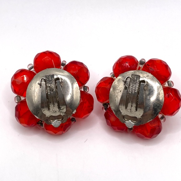 West Germany Signed Vintage Red Crystal Bead Clip-on Earrings - Picture 10 of 13